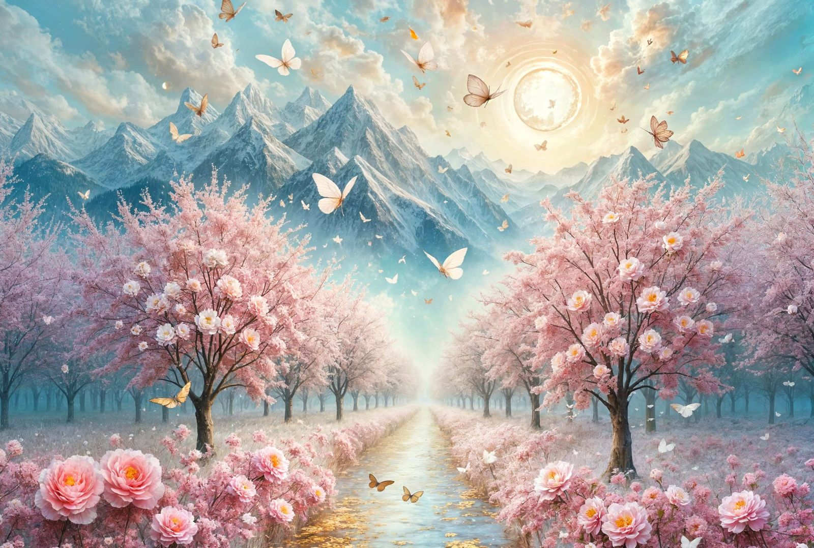 Ethereal Cherry Blossoms Under a Pearly Moon