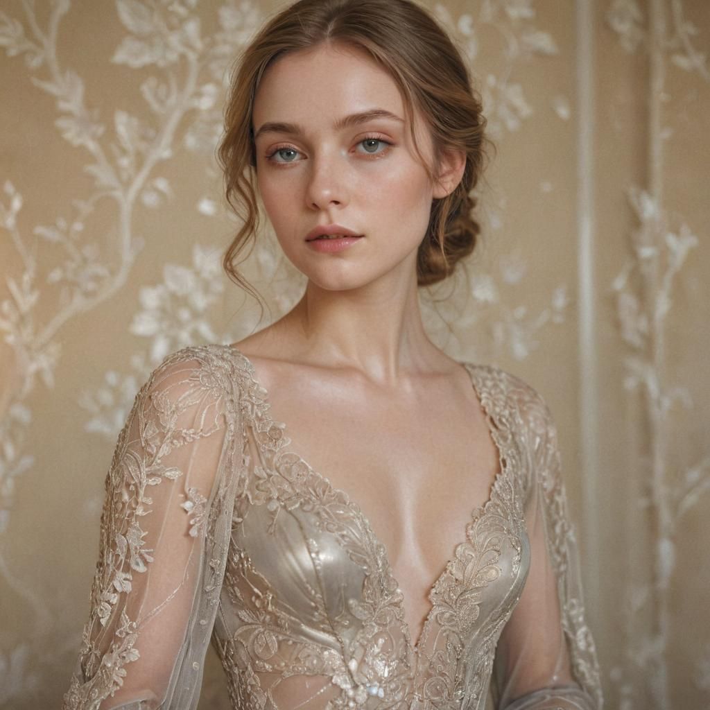 Ethereal Woman in Flowing Gown, Photorealistic Portrait