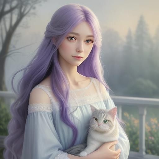 Woman with Cat: Ethereal Portrait in Pastel Colors
