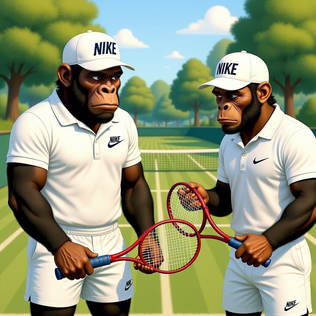 Chimpanzee Tennis Players at Wimbledon: Vintage Illustration
