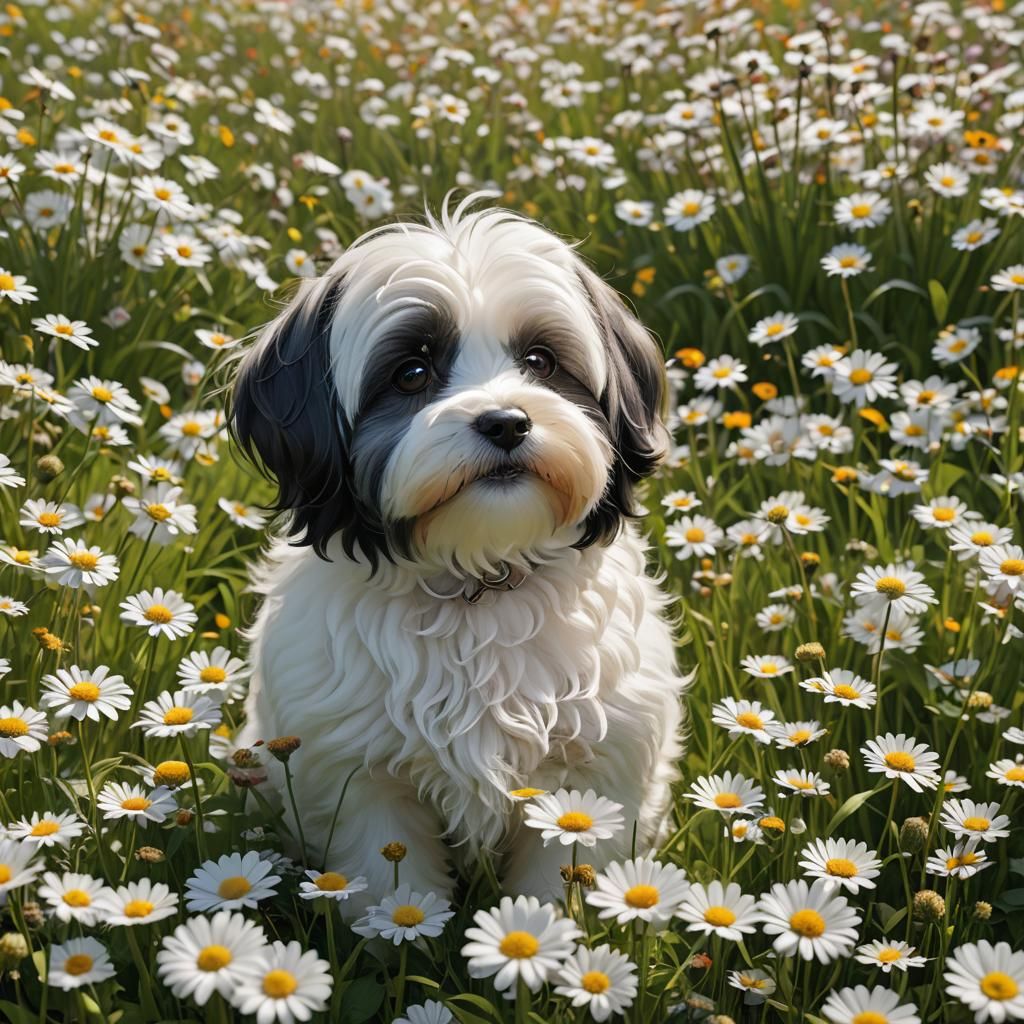 Happy Dog Running Through Flower Meadow in Anime Style
