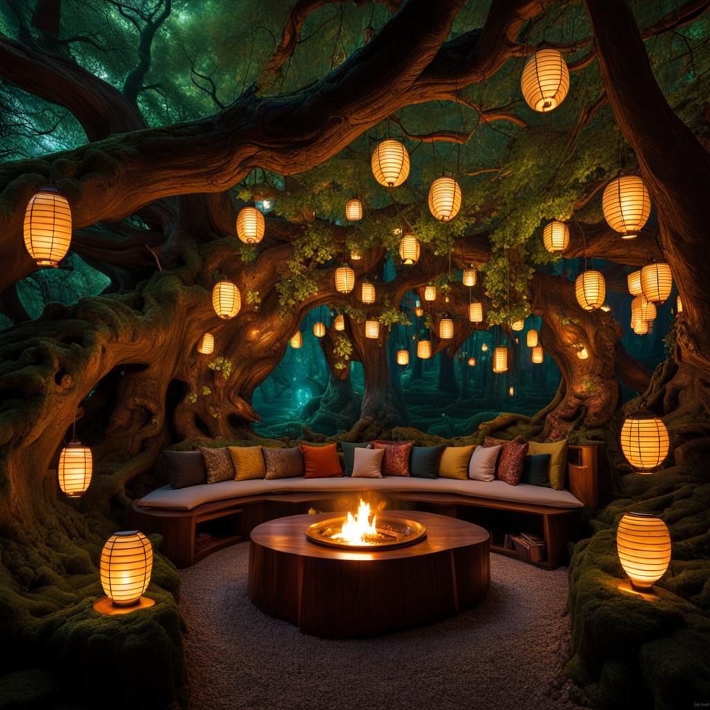 Enchanted Forest Library with Floating Lanterns