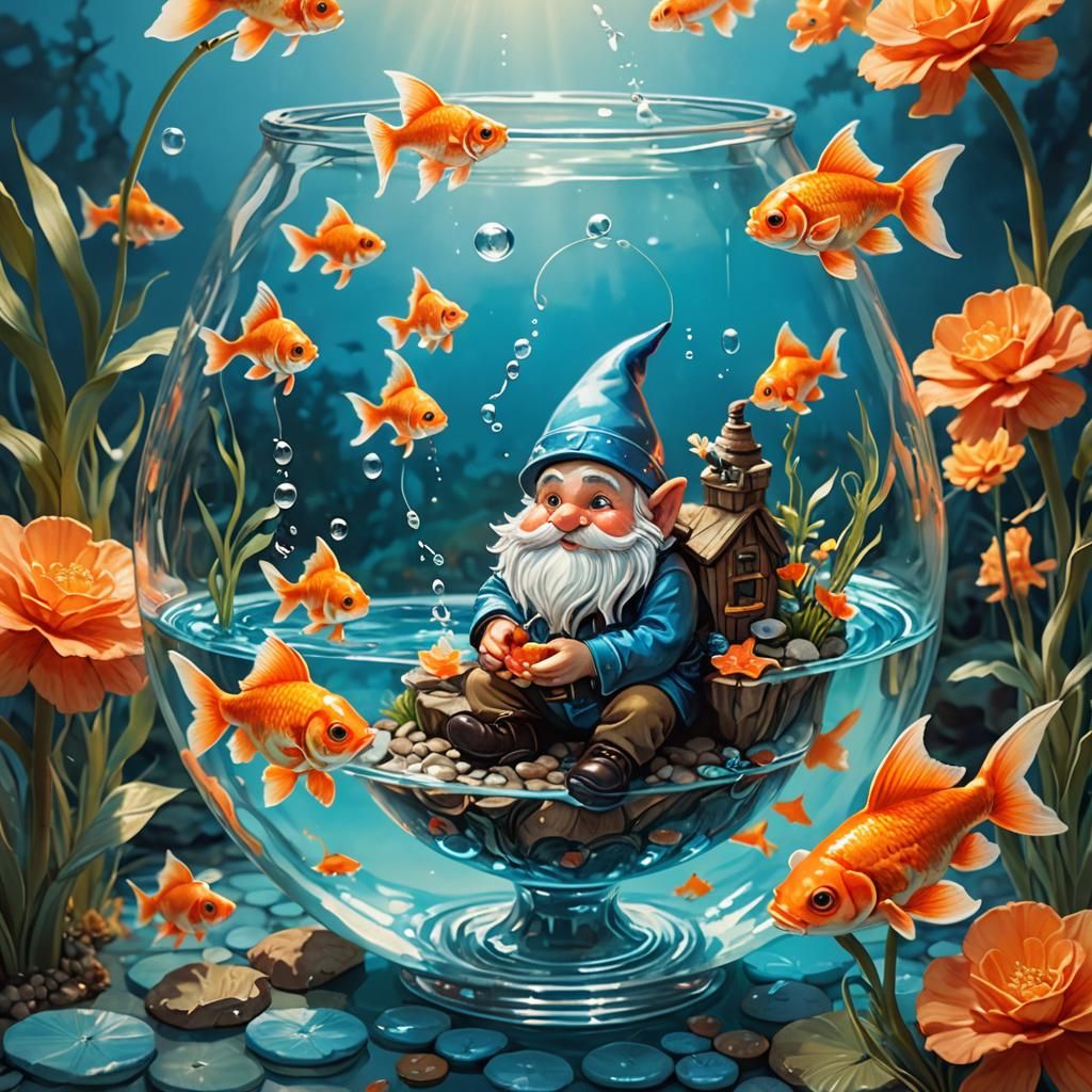 Gnome Fishing in Goldfish Bowl, Fantasy Illustration