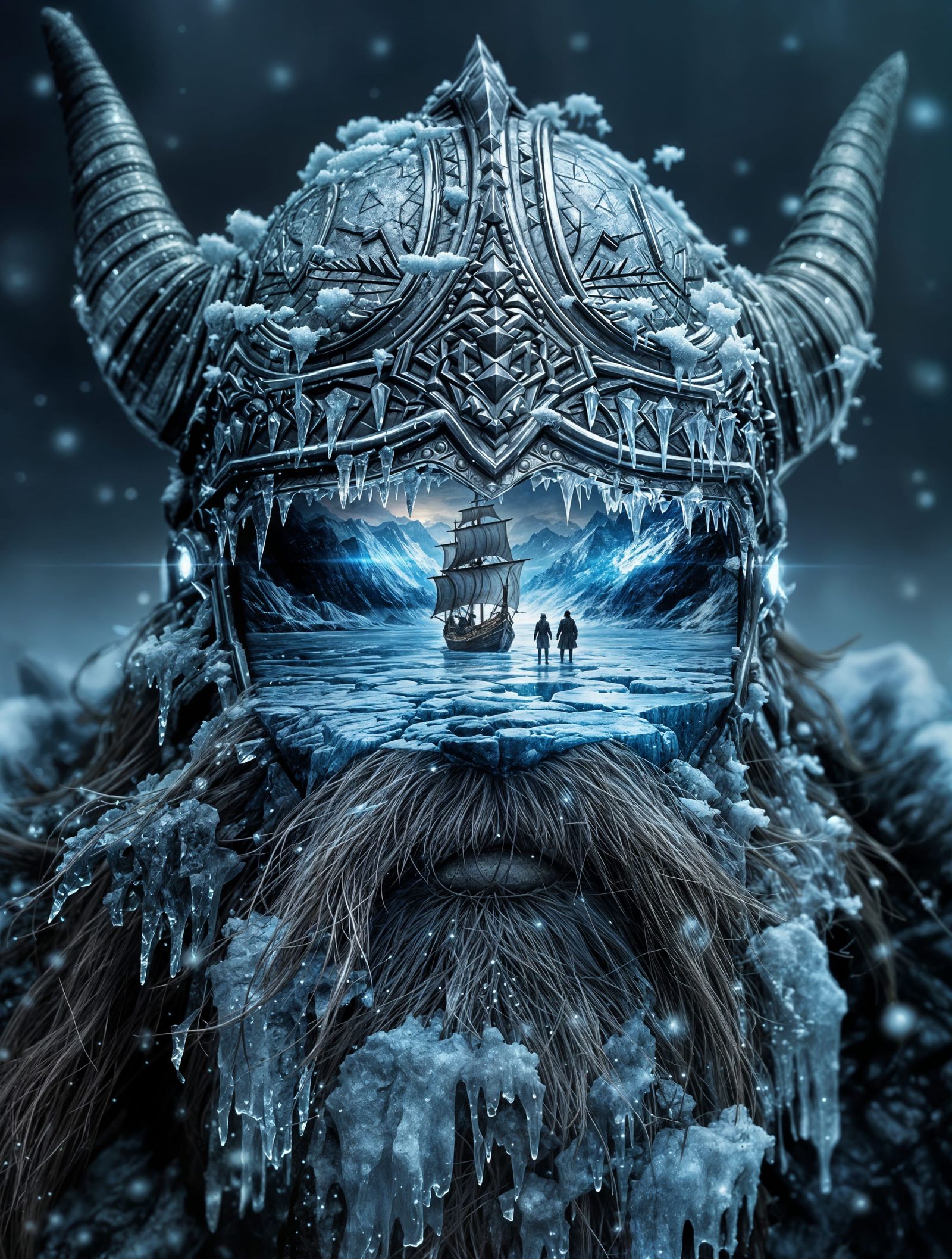 Epic Viking Helmet Holding Miniature Worlds in Ornate Design