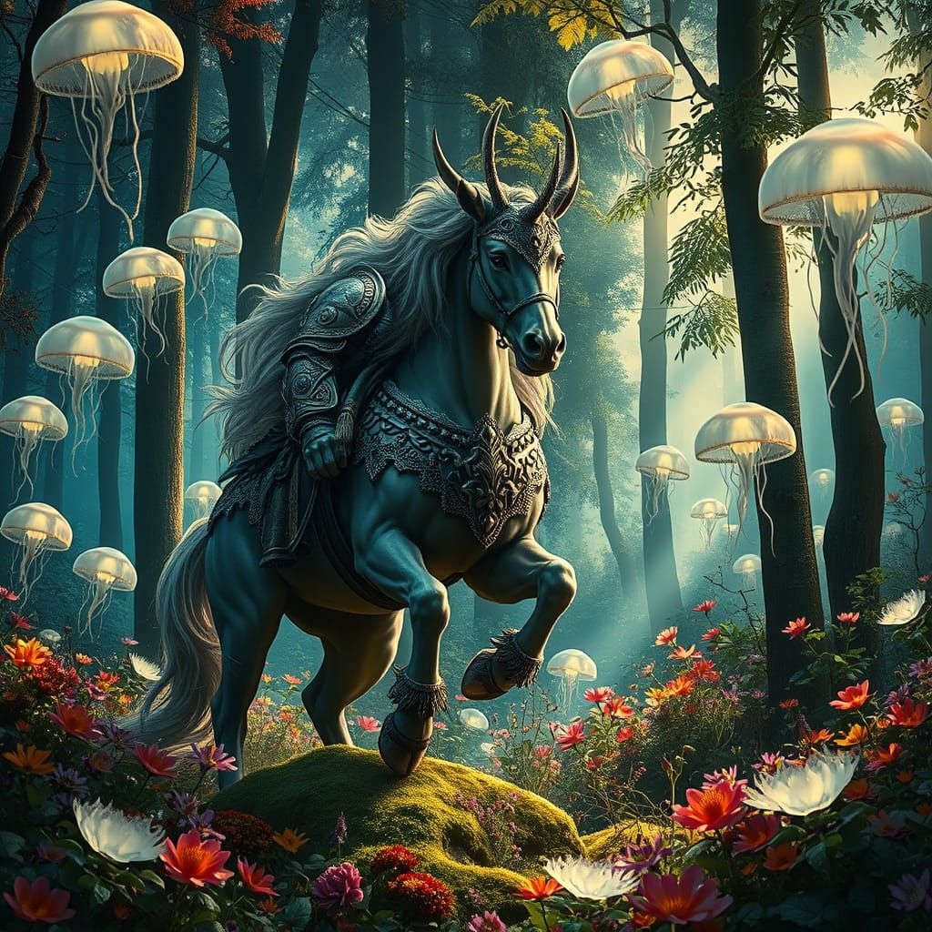 Centaur in Bioluminescent Forest, Hyperrealistic Art Nouveau