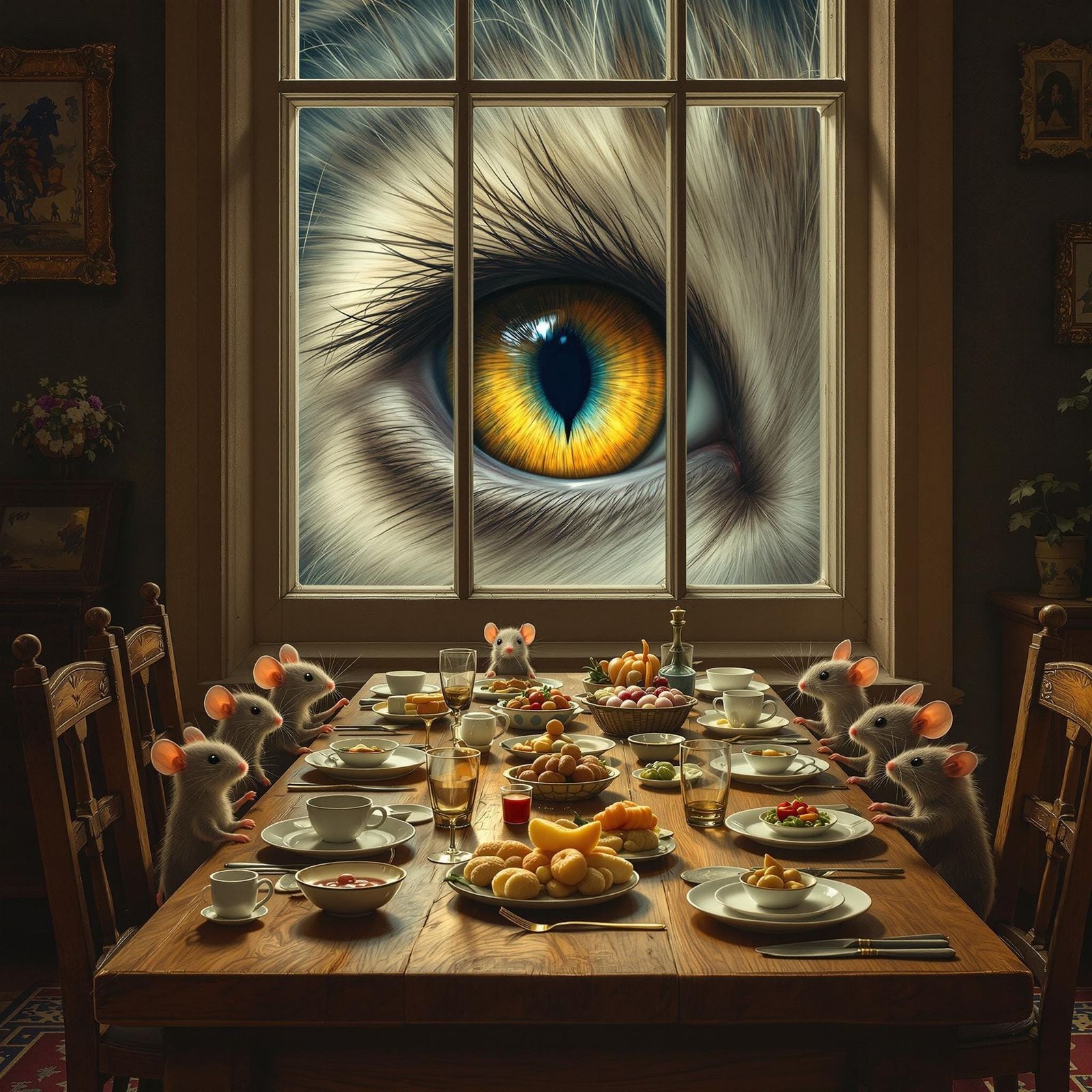 Whimsical Mice Gather for a Cozy Dinner in a Warmly Lit Dini...