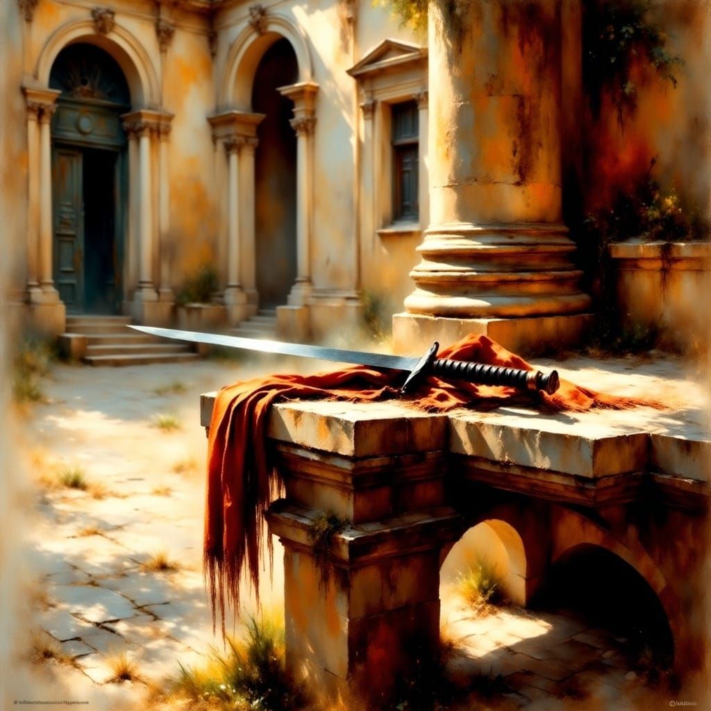 Hidden Blade in Roman Courtyard, Impressionist Style