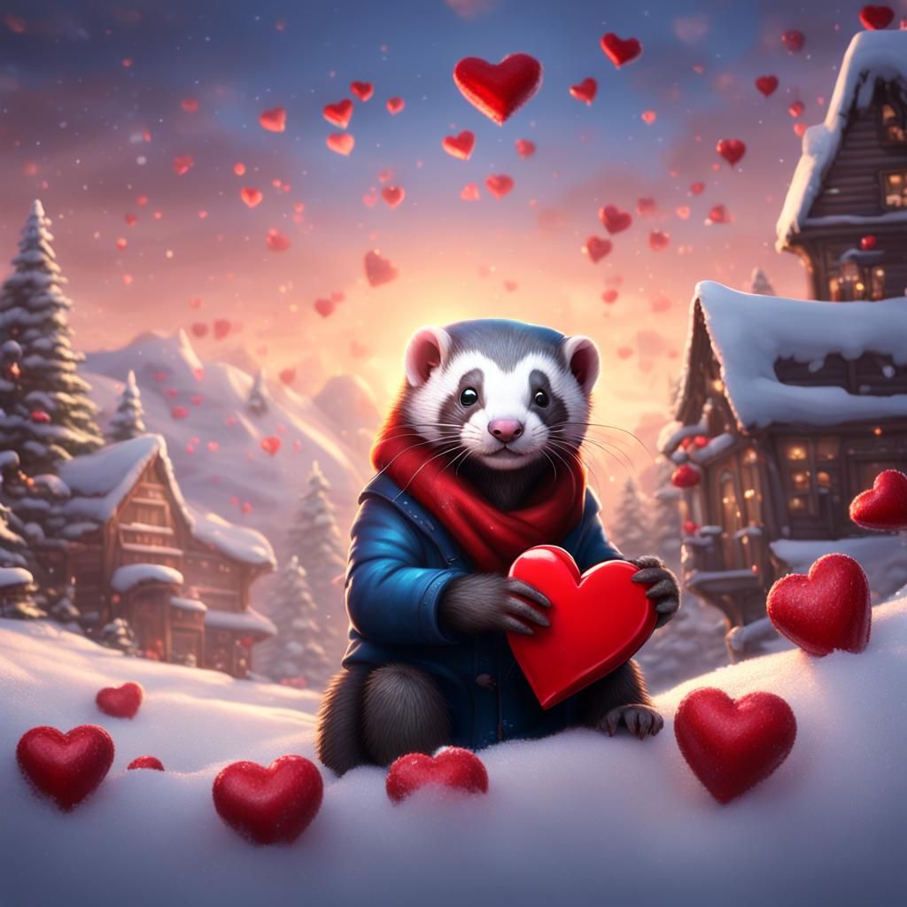 Valentine Ferret in Snowy Fantasy Art