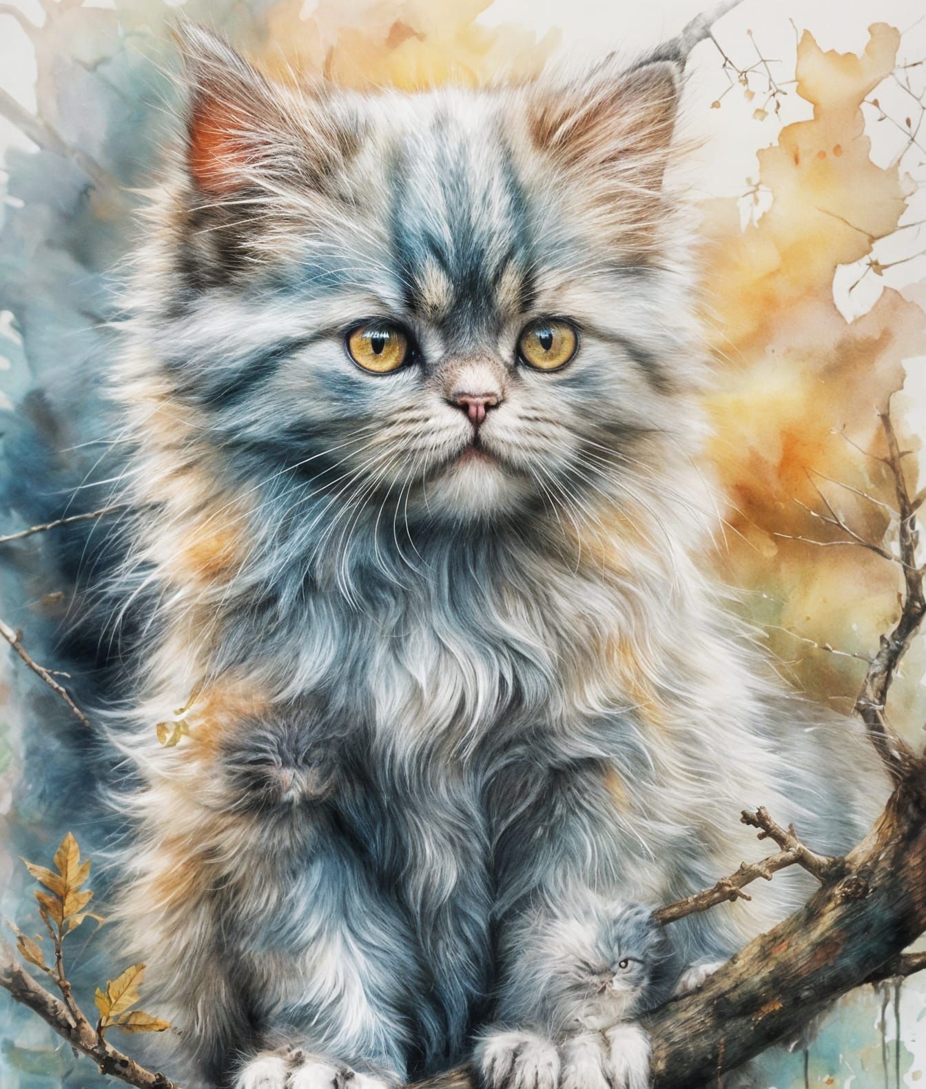 Persian Kitten on Branch in Moody Pastels