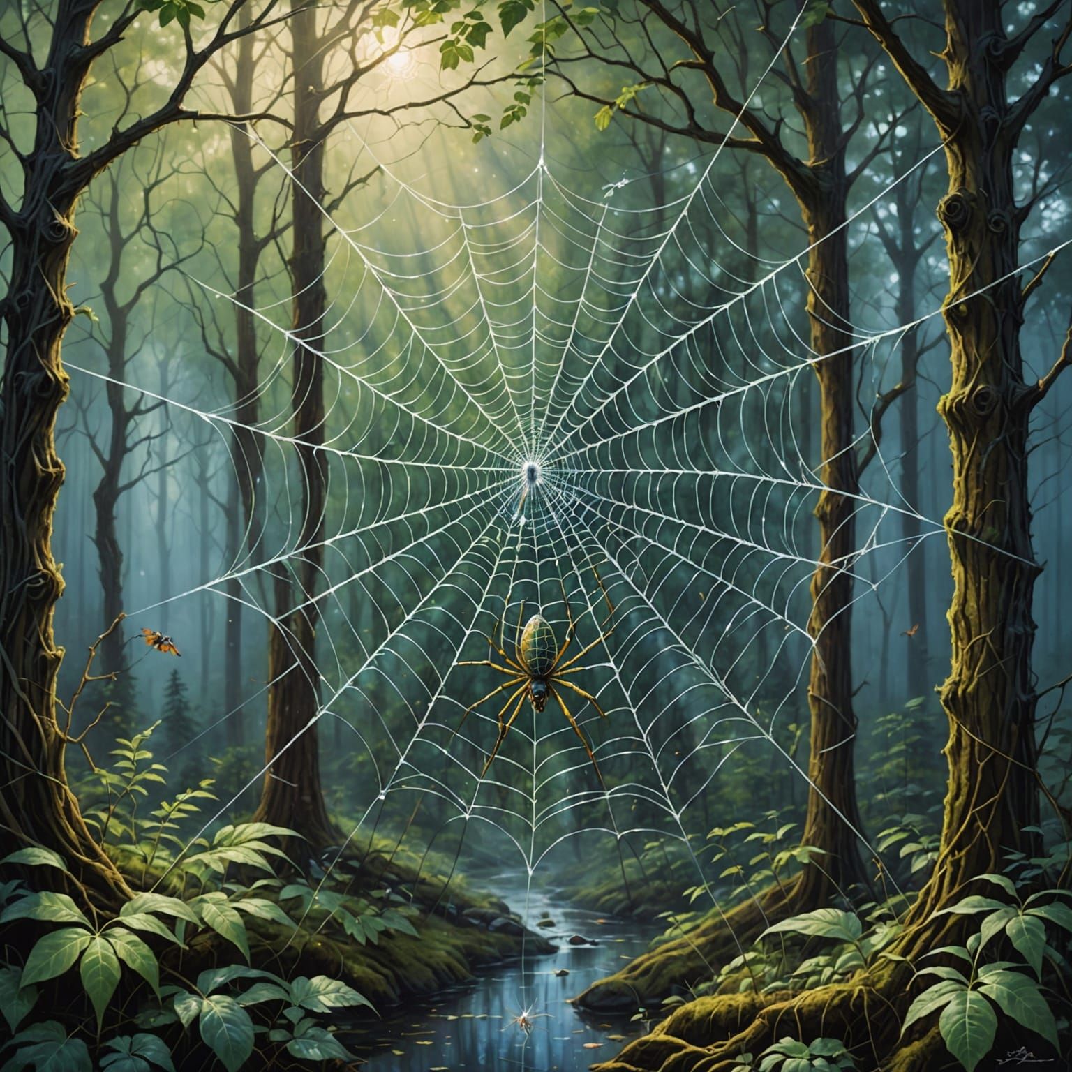 Fantasy Spider in Web Hangglider Soars Through Enchanted For...