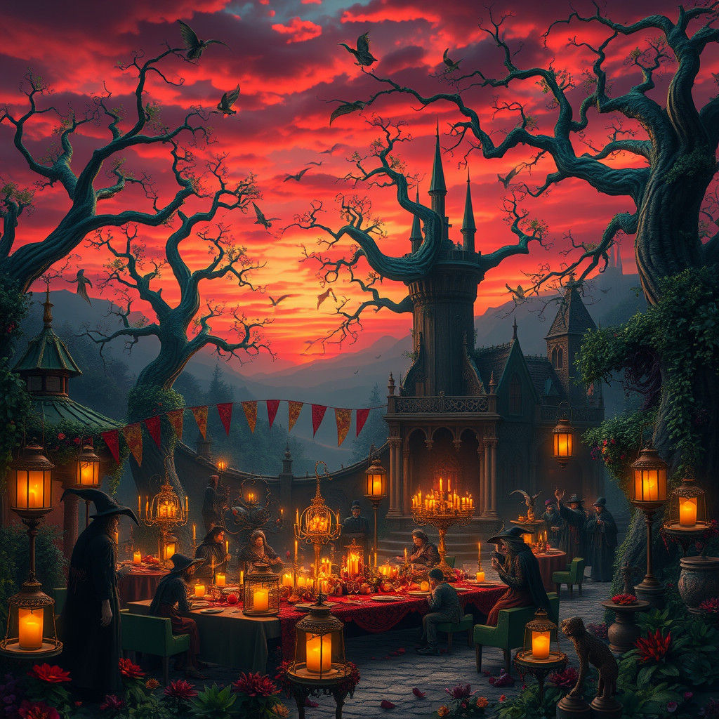 Whimsical Gothic Feast in Crimson Twilight