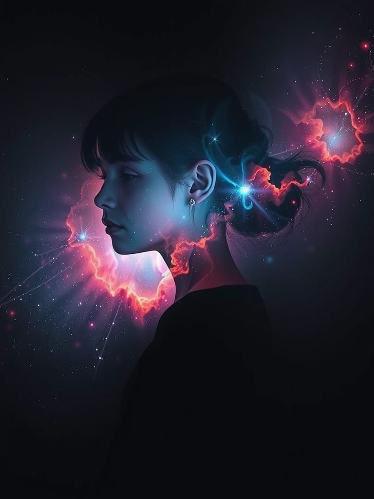 Nebula Dreamscape: Girl Silhouette in Double Exposure