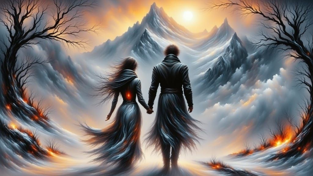 Ethereal Winter Couple Strolls Through Frosty Landscape
