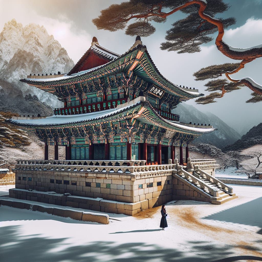 Korean Temple in Winter Landscape