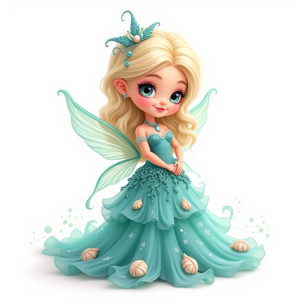 Gothic Chibi Mermaid Goddess in Shimmering Evening Gown