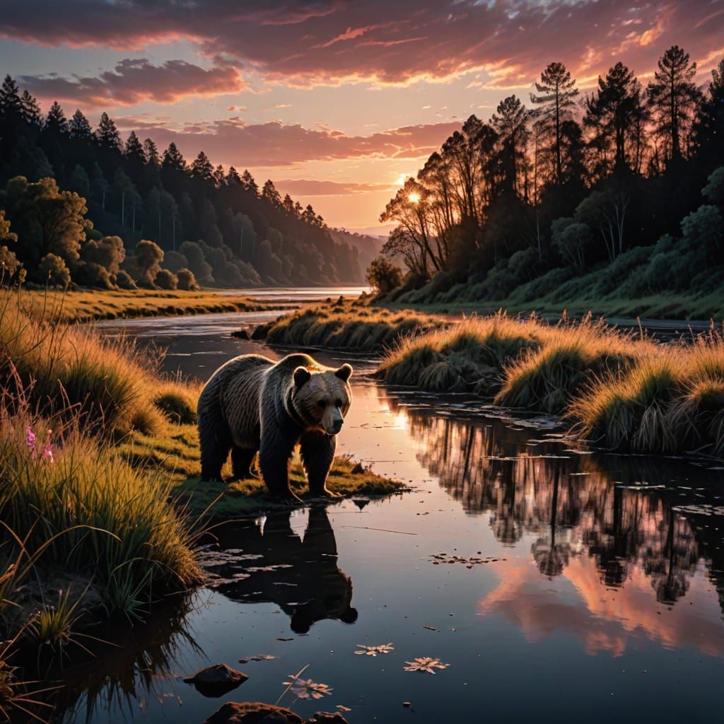 Contemplative Bear in a Serene Sunset Landscape
