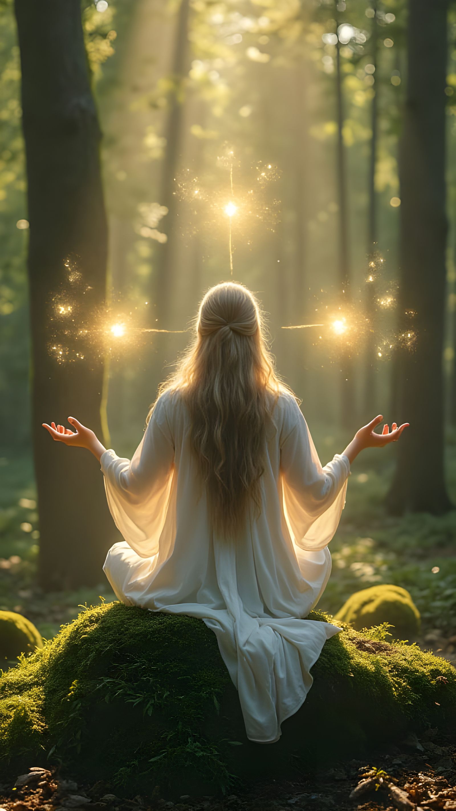 Meditating Woman in Forest with Norse Runes