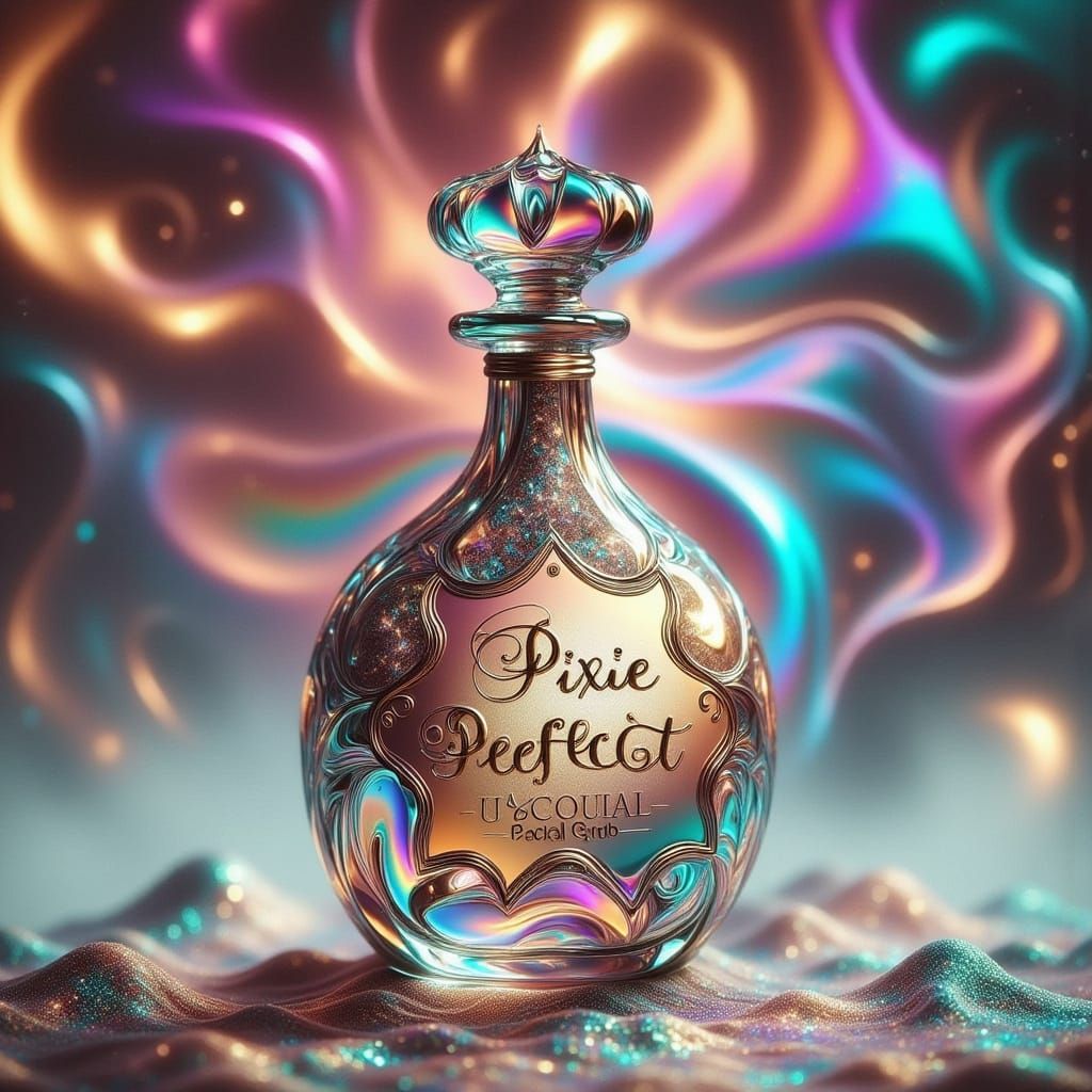 Luxury Glass Bottle with Shimmering Grains and Fancy Label