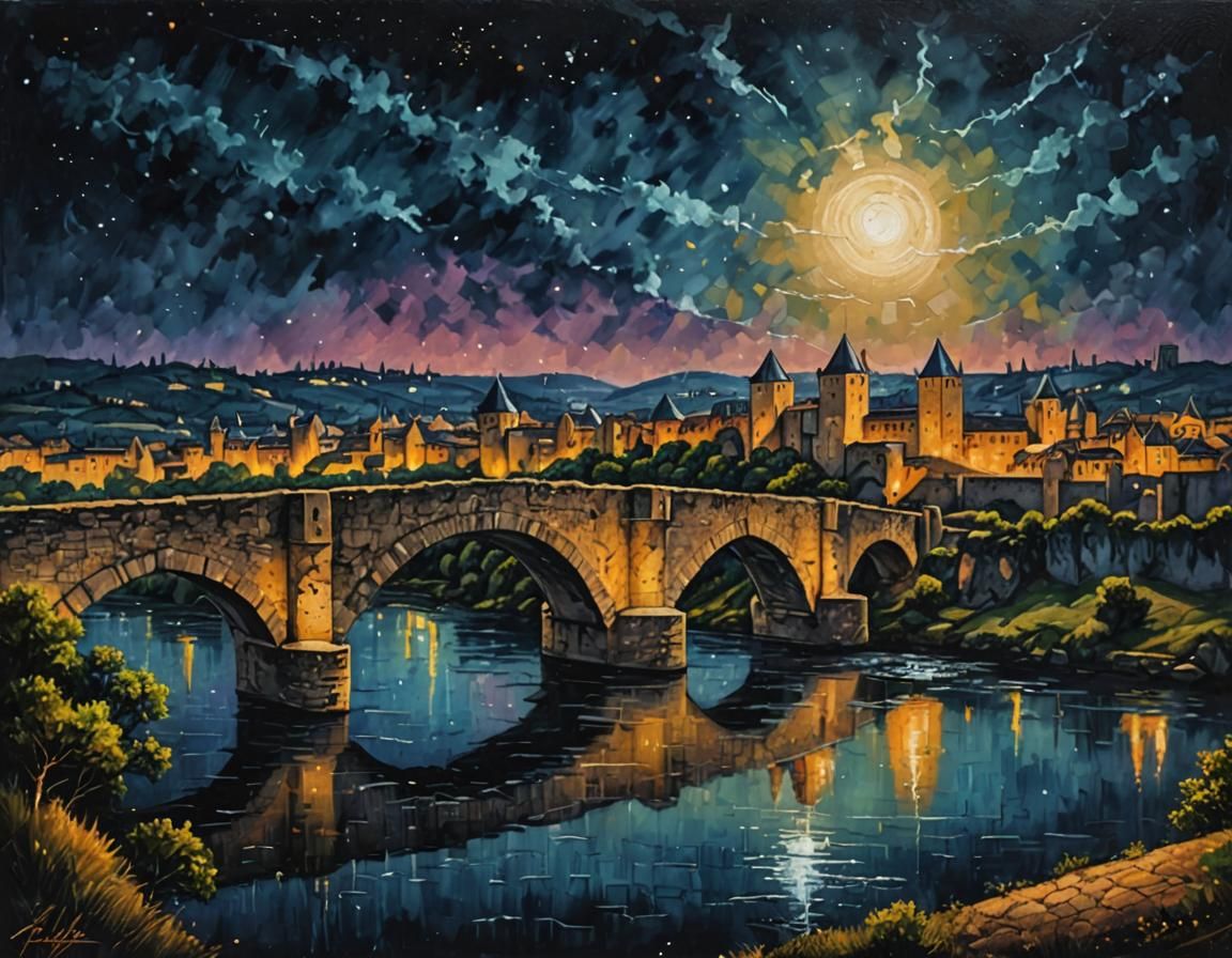 Cité de Carcassonne at Night: Acrylic Impasto Painting