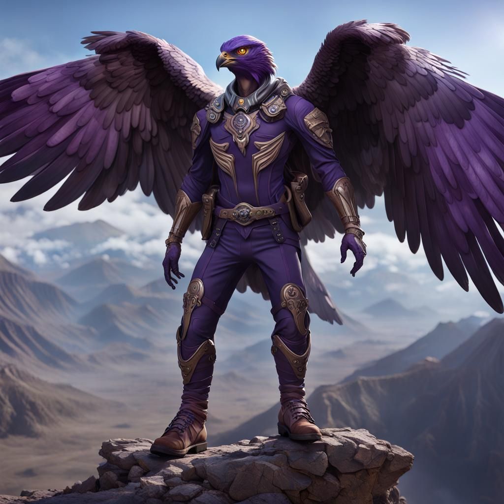 Purple Falcon Humanoid in Dark Fantasy Style