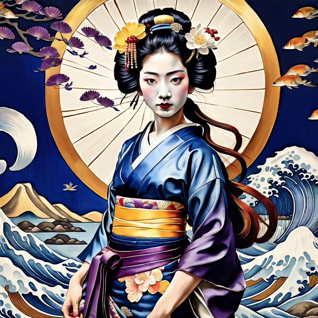 Geisha in Half-Shell: Watercolour Renaissance Style