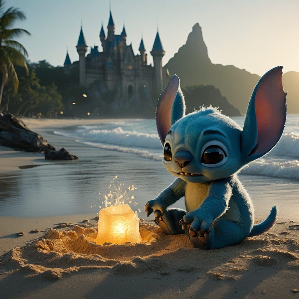 Lovable Alien Builds Sand Castle on Turquoise Beach at Sunse...