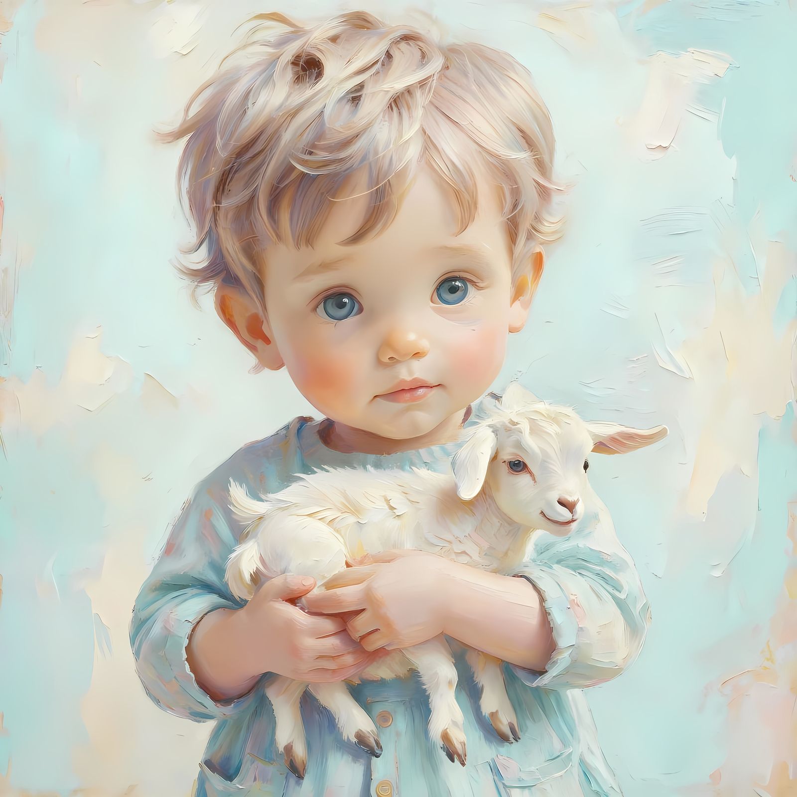 Adorable Boy and Baby Goat in Impasto Style