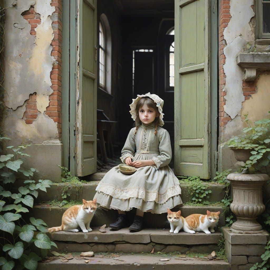 Victorian Era Girl Sits Serenely with Cats in Abandoned Mans...