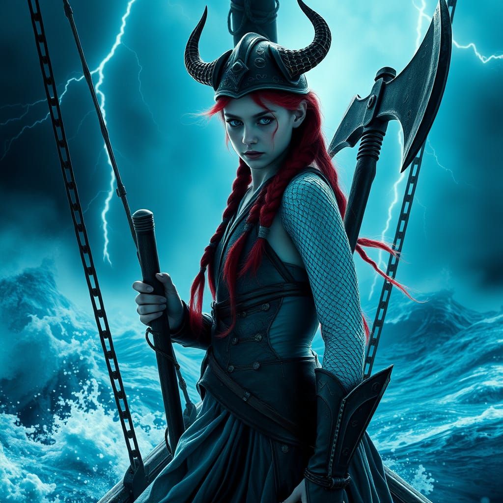 Fearsome Mermaid-Viking Girl on Drakkar Ship in Storm