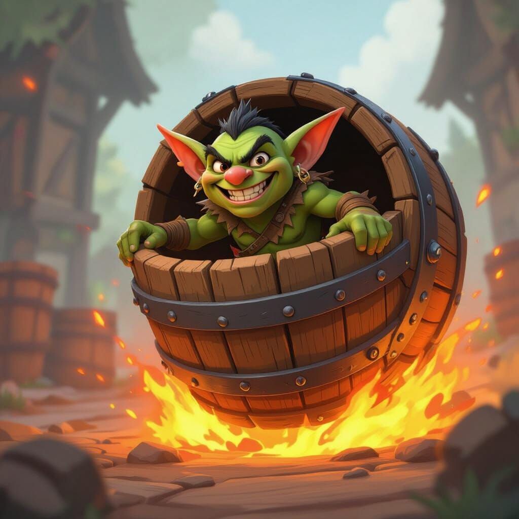 Goblin Riding Fiery Barrel in Cartoonish Style