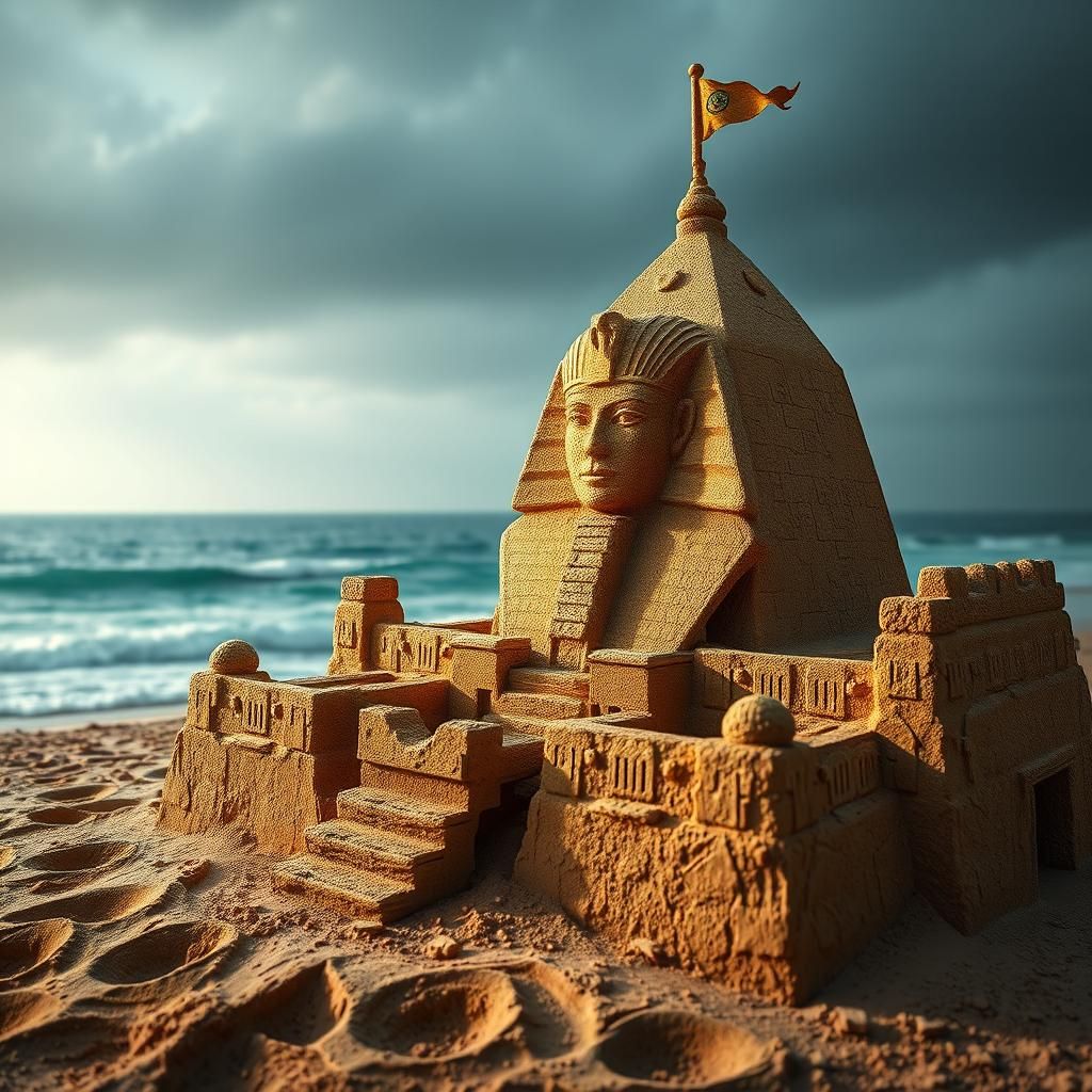 Pharaoh sandcastle with ocean in the background