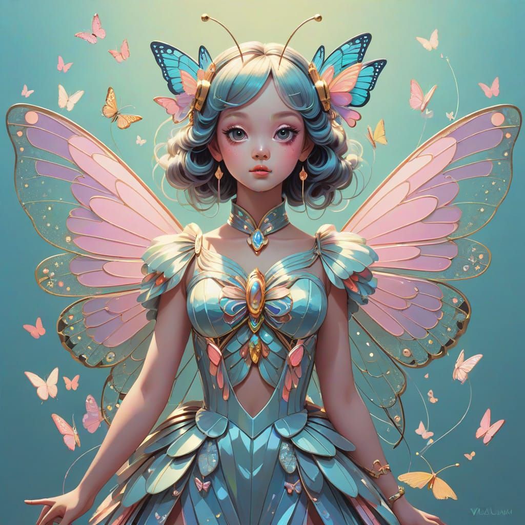 Butterfly Queen with Sparkly Wings in Neon Pastel Anime Styl...