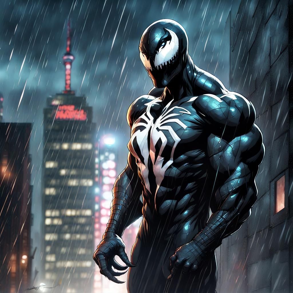 Venom as Superhero in Rainy Cityscape