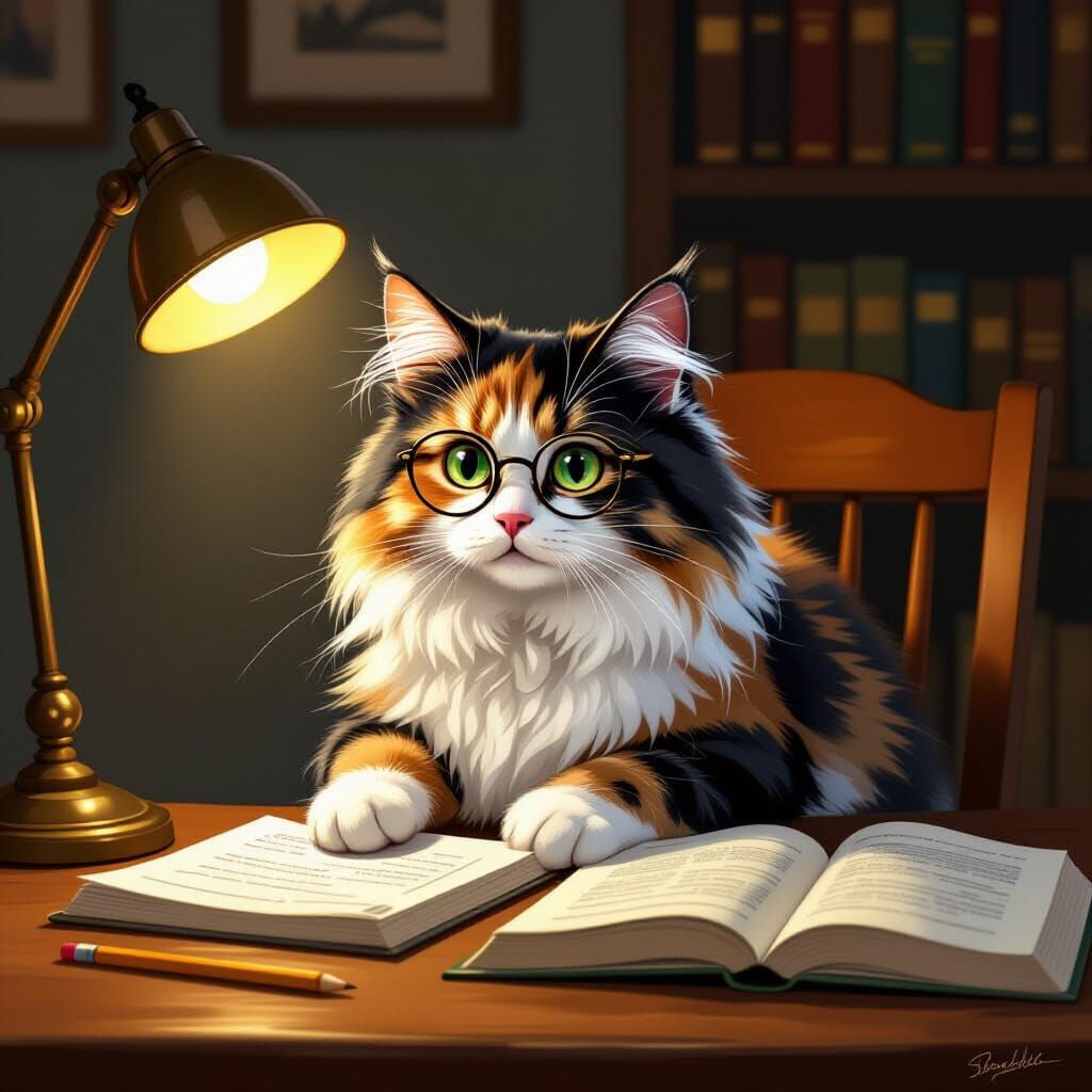 Fluffy Cat Does Homework in Cozy Digital Painting