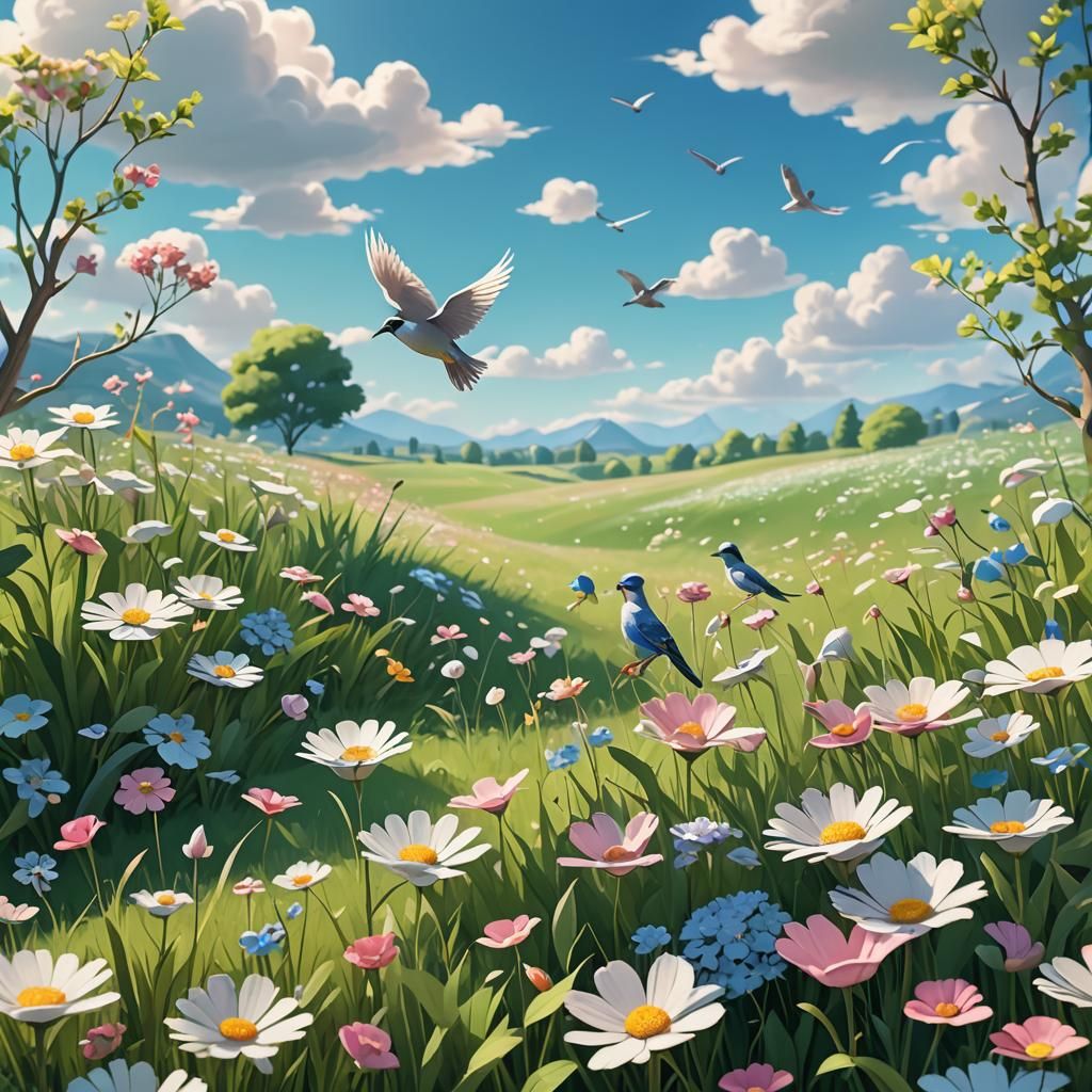 Idyllic Meadow Scene in Stylized 3D Rendering