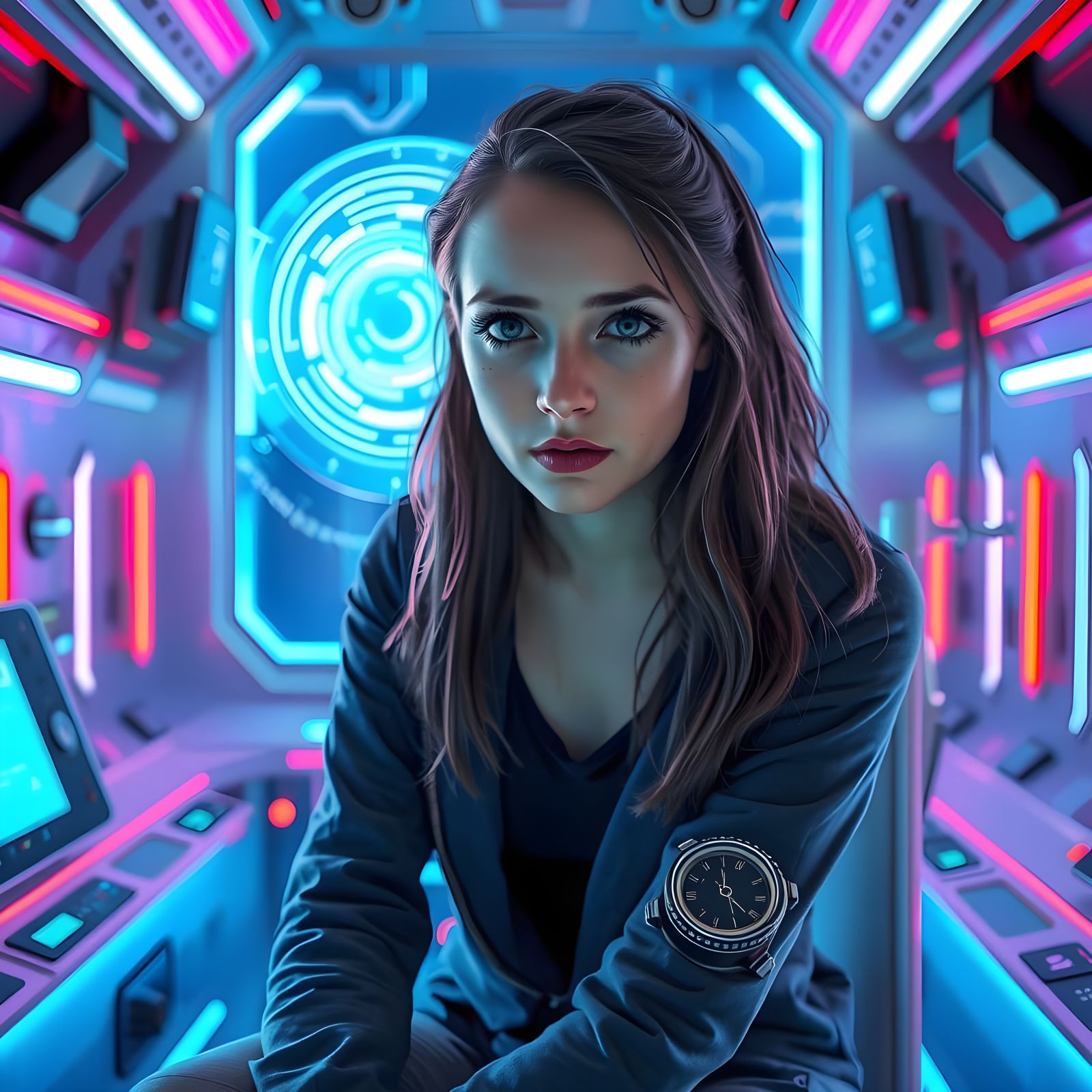 Young Woman Hypnotized by AI Girlfriend in Futuristic Neon-L...