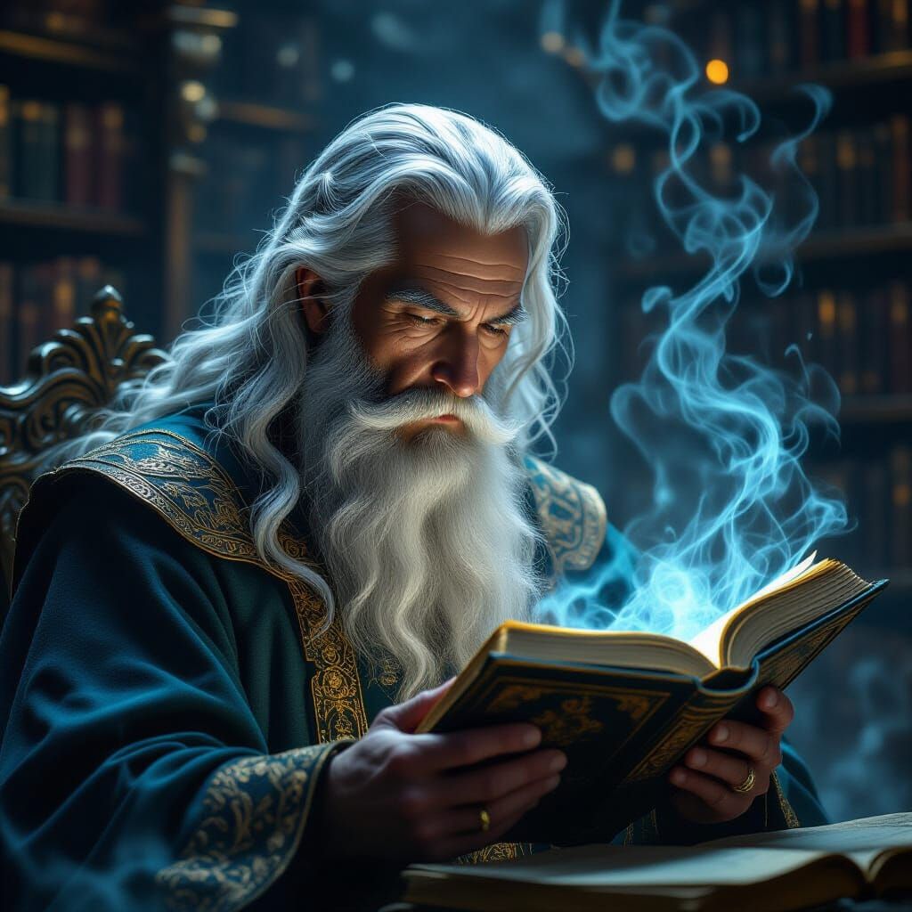 Mystical Old Man Reading in Ornate Library