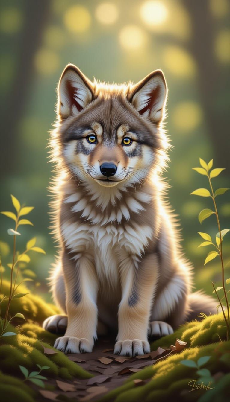 Hyperrealistic Wolf Pup Digital Oil Painting with Sapphire E...