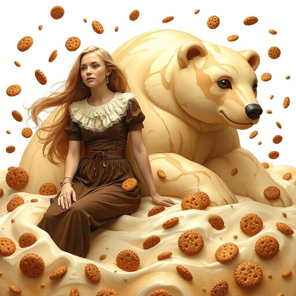 Dreamy Scene: Woman Beside Coffee Bear in Frothy Sea