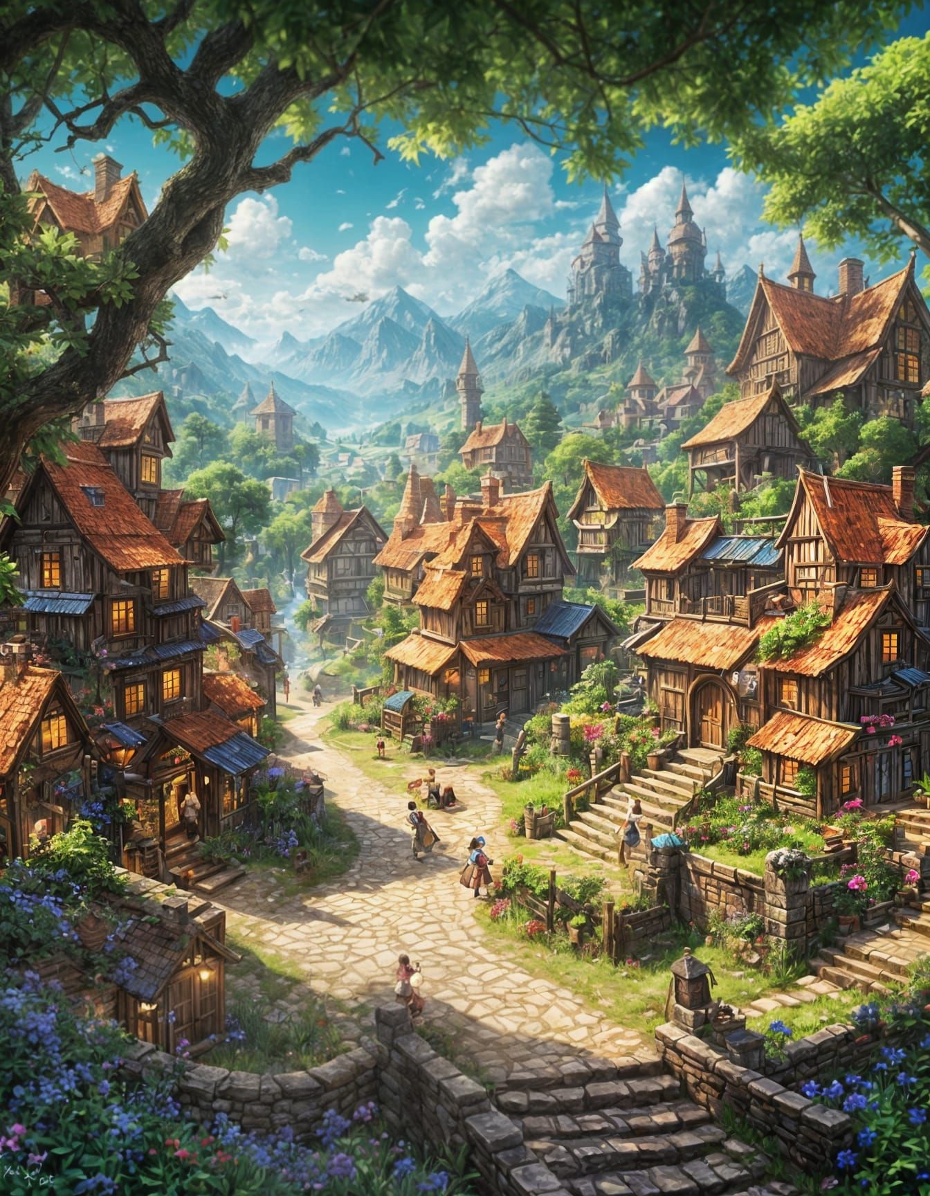 Vast Village with a Castle in the Distance