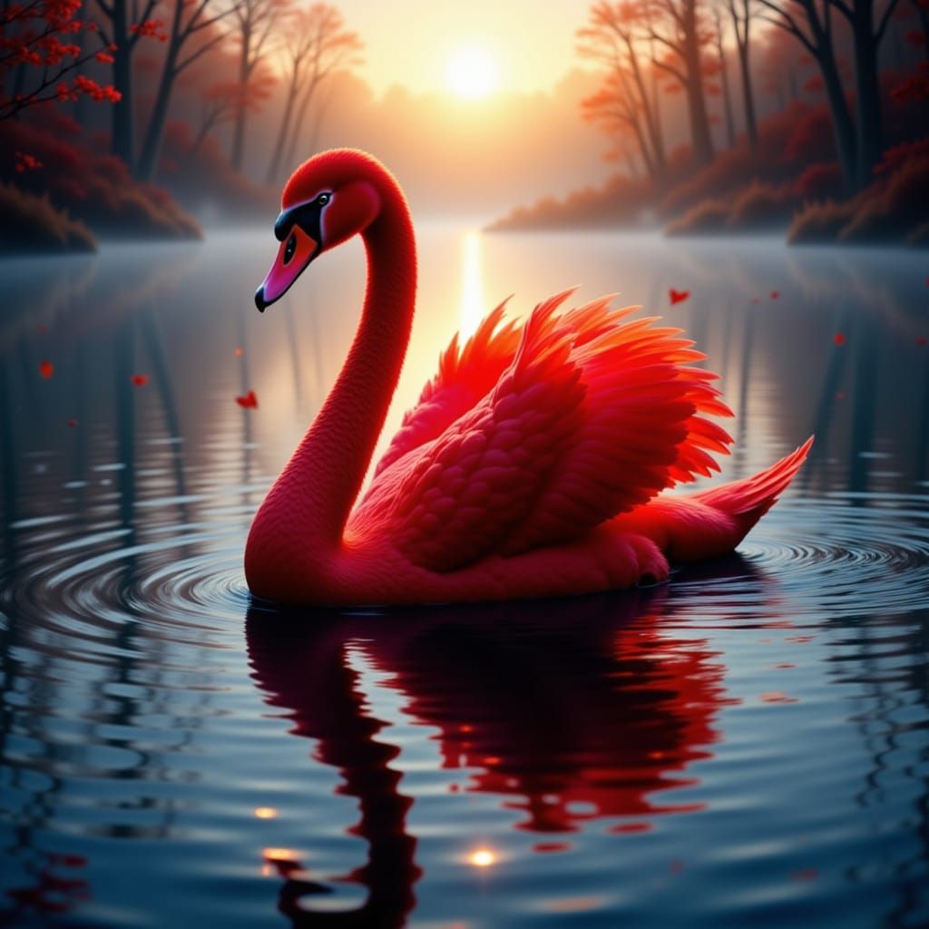 Crimson Swan on Serene Lake at Sunset