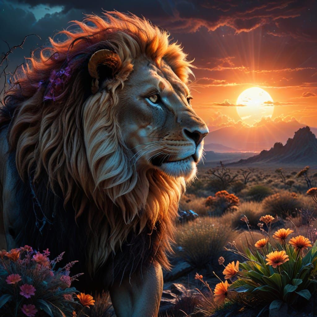 Majestic Lion on Alien Savanna Under Binary Sunset