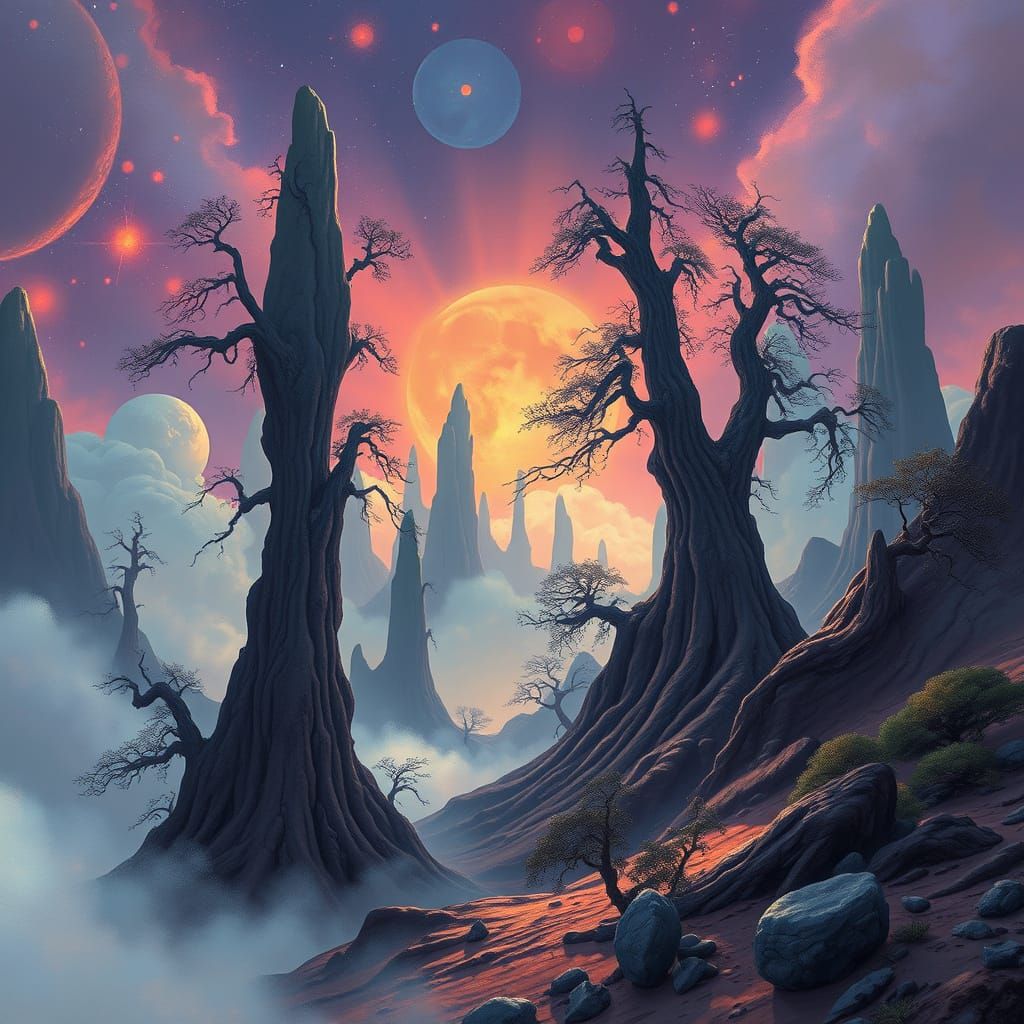 Galactic Dreamscape with Ancient Trees and Iridescent Fog