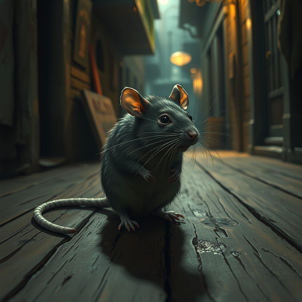 Whiskered Rat in Dimly Lit Alley, Dystopian Art