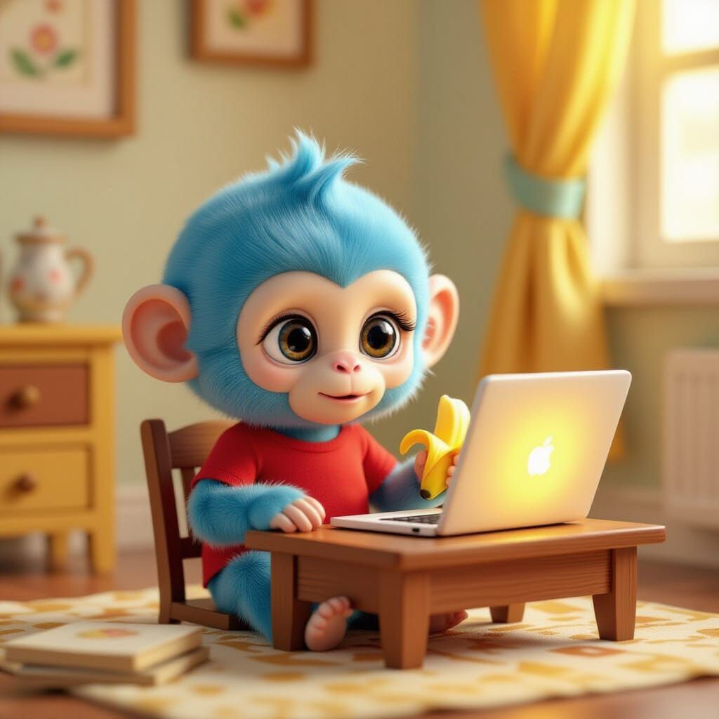 Confused Blue Monkey at Tiny Desk with Laptop