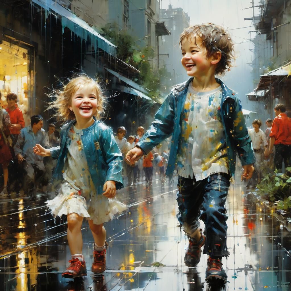 Joyful Siblings Celebrate in Rainy Playground
