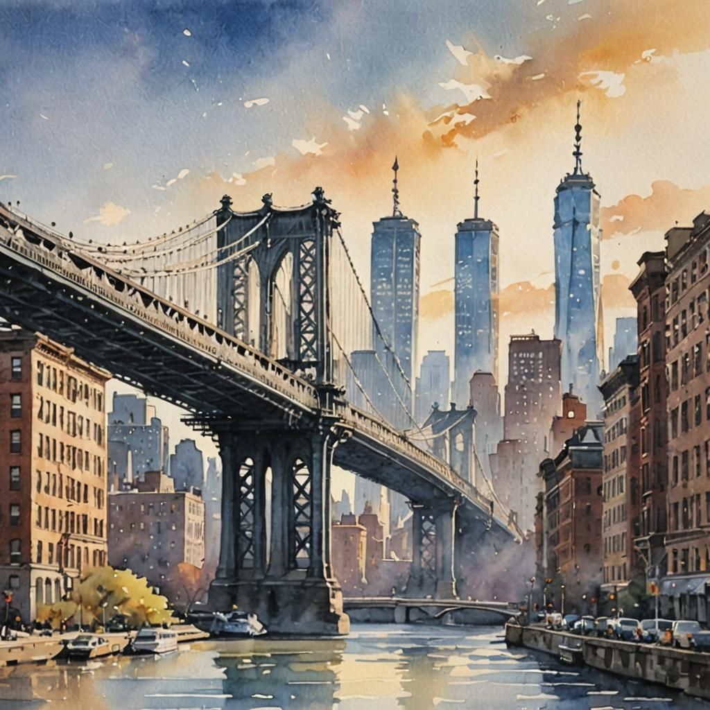 Watercolor New York Skyline with Manhattan Bridge