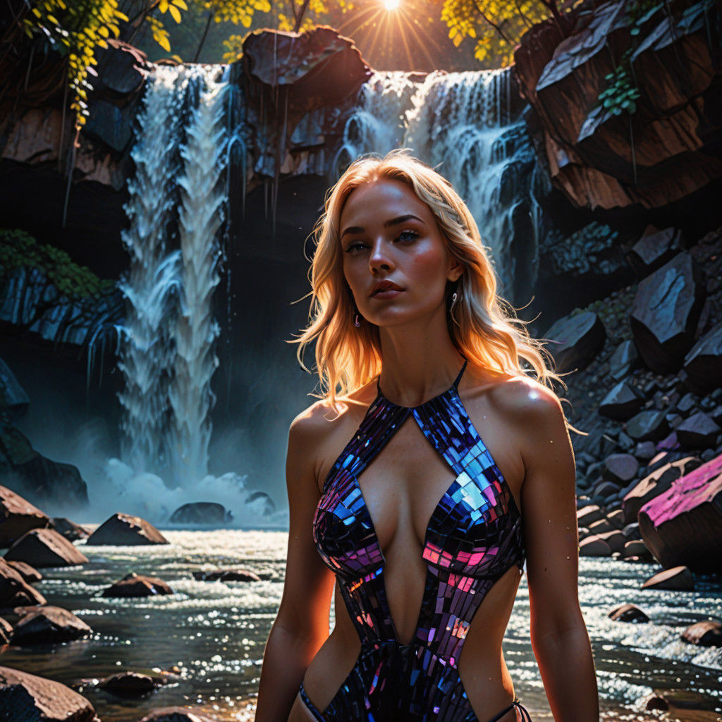 Surreal Goddess Amidst Glittering Gemstone Waterfalls