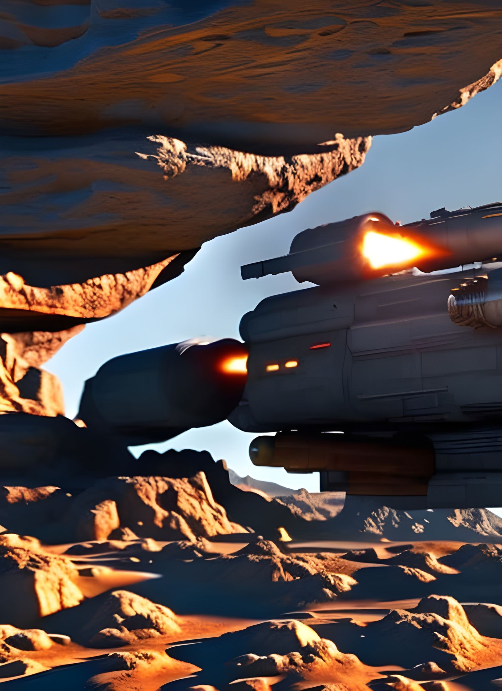 Futuristic Spaceship with Gatling Gun Over Asteroid Mine