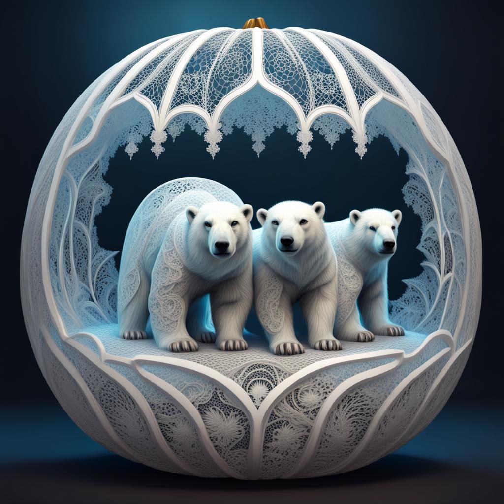 white little polar bear gang carved in a transparent lace pumpkin